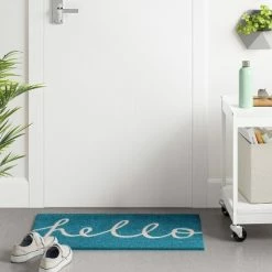 Budget ❤️ 1'6"x2'6" Blue Hello Cursive Doormat - Room Essentials™ 😀