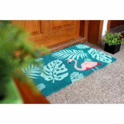 Best Sale 👍 Raj 1'6" x 2'6" Tufted Palm Leaves Flamingo Coir Doormat Blue/Pink 👍