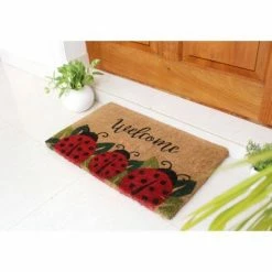 Promo 🔔 Raj 1'6" x 2'6" Handloom Woven and Printed Ladybug Coir Doormat Red/Black/Green 👍