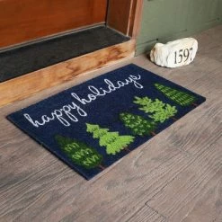 Best deal 🥰 Sunnydaze Decor Sunnydaze Indoor/Outdoor PVC and Coir Decorative Holiday Entrance Doormat Rug - 17" x 30" - Blue/Green Trees 😉