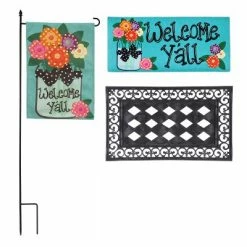 New 😀 Evergreen Indoor Outdoor Welcome Y'all Bundle Set of 4 - Garden Flag stand and Flag, Sassafras Doormat Frame and Sassafras Insert 😉