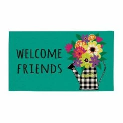 Discount ⭐ Evergreen Buffalo Check Watering Can Indoor Outdoor Natural Coir Doormat 1'4"x2'4" Blue 🎁