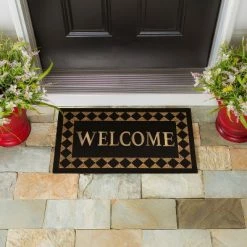 Deals ✨ Evergreen Diamond Border Metallic Welcome Rubber Inset Indoor Outdoor Natural Coir Doormat 16x28 Black 👏