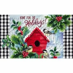 Buy ⌛ Evergreen Chickadees Holiday Birdhouse Embossed Indoor Outdoor Doormat 1'6"x2'6" Red 🎉